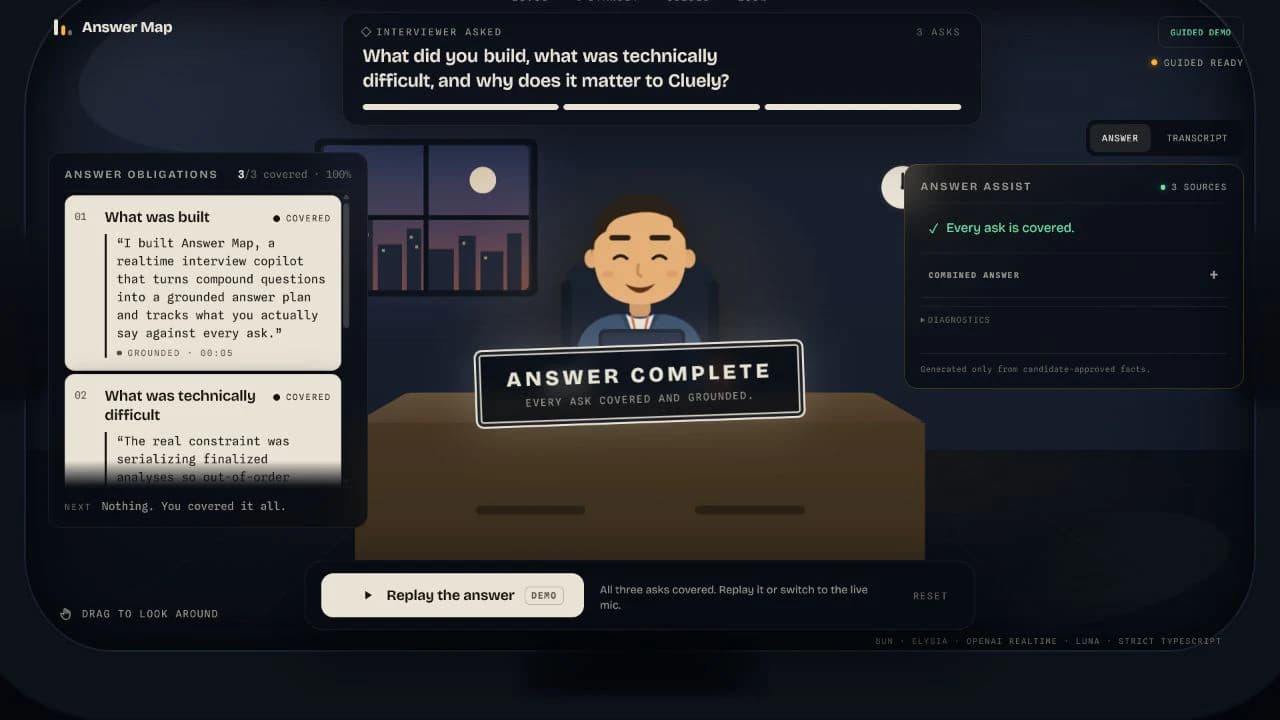 Answer Map Guided demo with all three interview asks covered and grounded against exact transcript evidence
