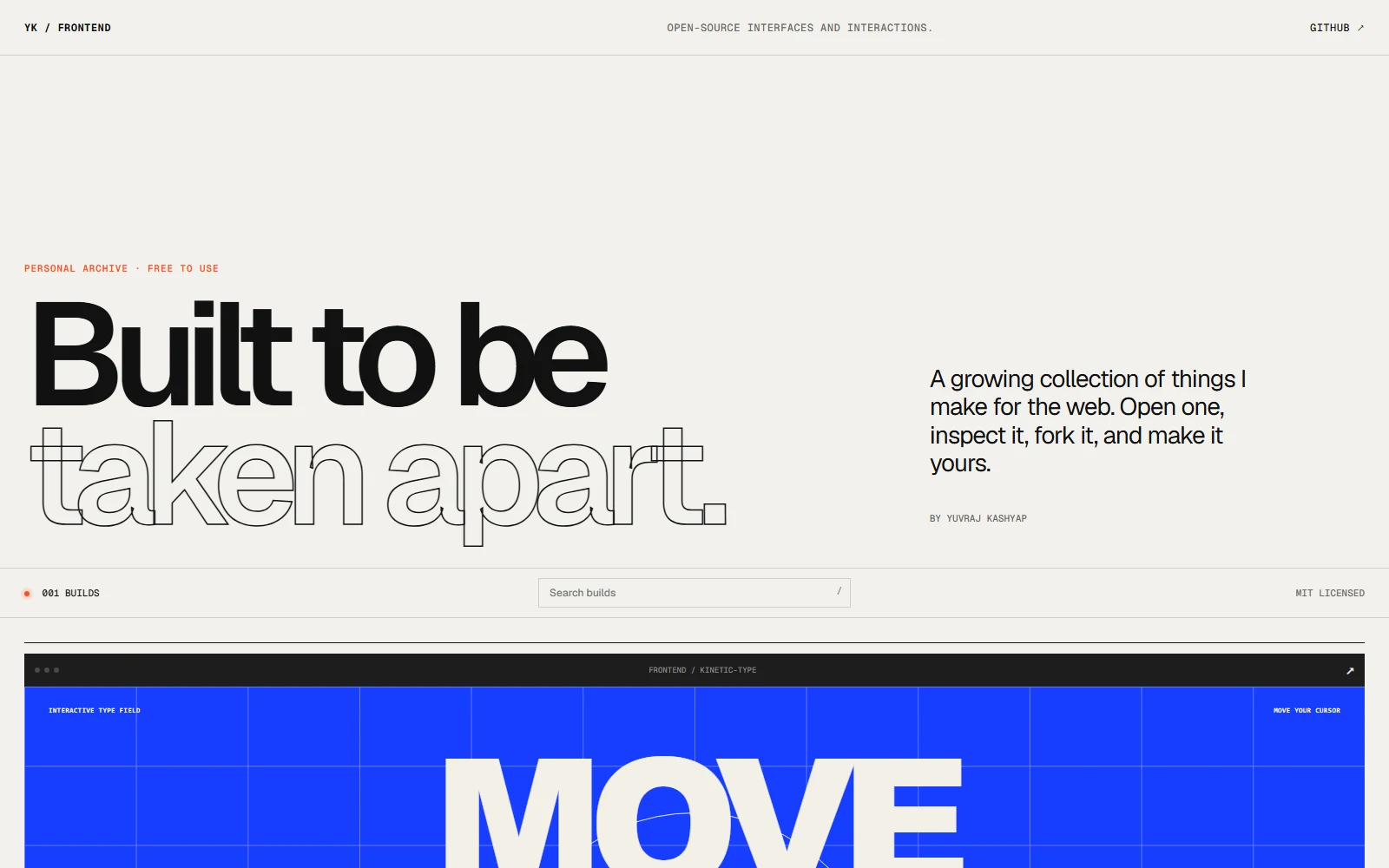 Frontend Lab live gallery with bold editorial typography and an interactive kinetic type experiment