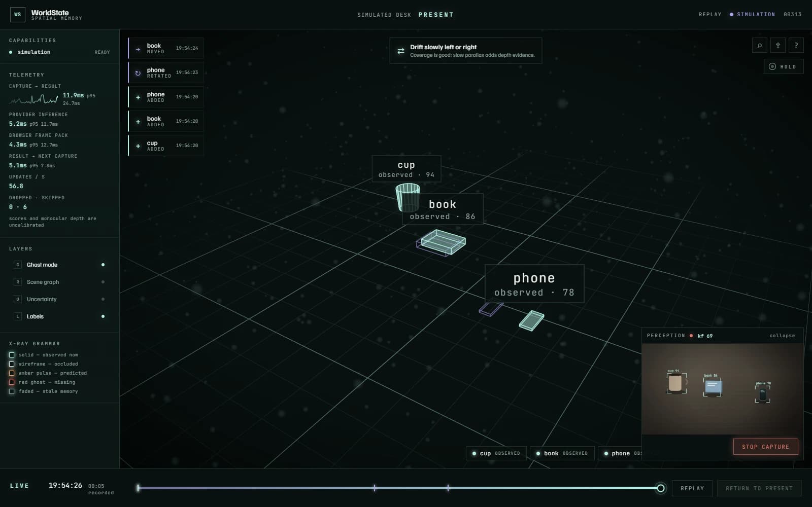WorldState simulation showing a live spatial-memory volume, event feed, telemetry, and perception preview