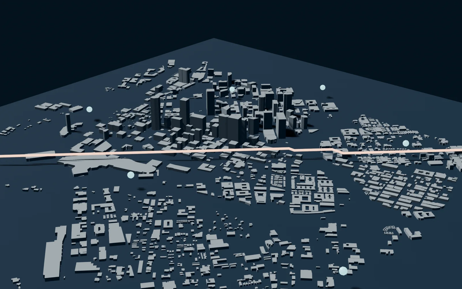 Oblique Blender render of the Dallas LOD1 building model with an A-star route and selected visibility observers