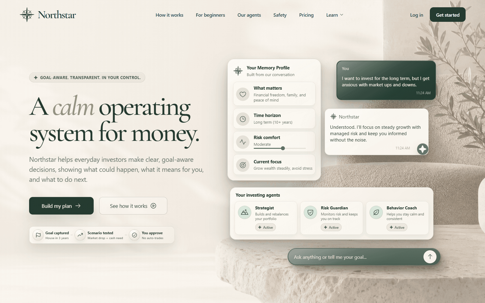 Northstar landing page showing a memory profile, goal-aware planning chat, investing agents, and an approval-gated workflow